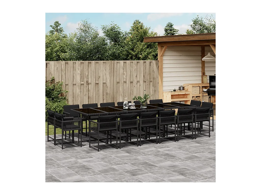 Set da Pranzo da Giardino 17 pz con Cuscini Nero in Polyrattan