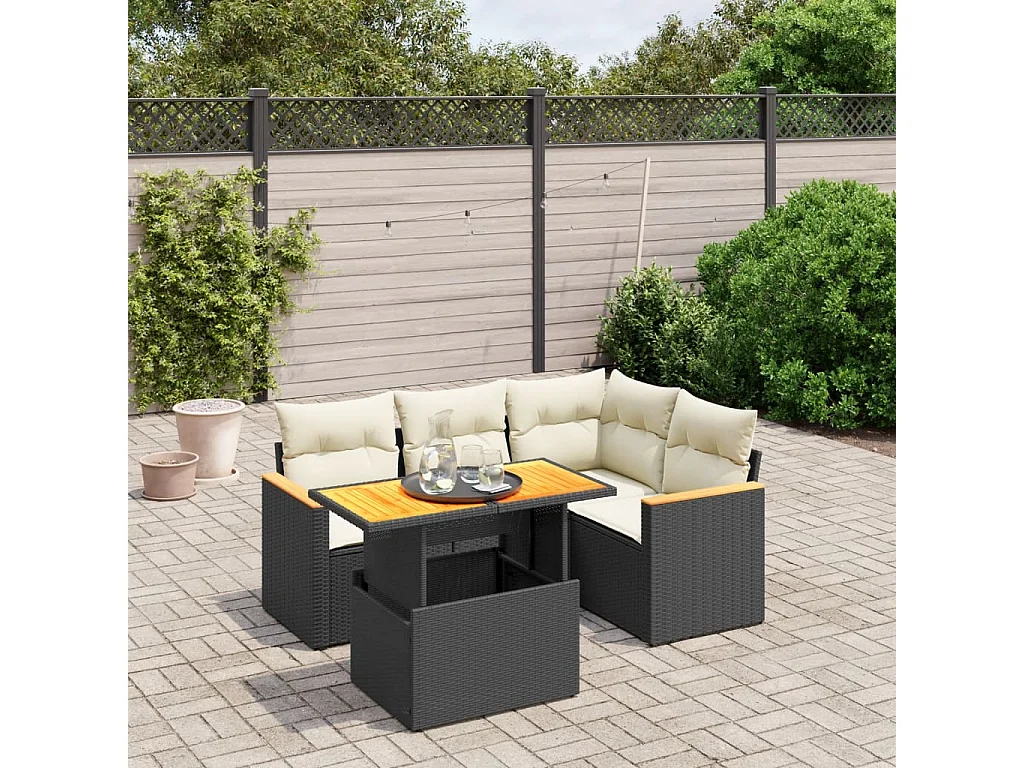 5-tlg. Garten-Sofagarnitur mit Kissen Schwarz Poly Rattan