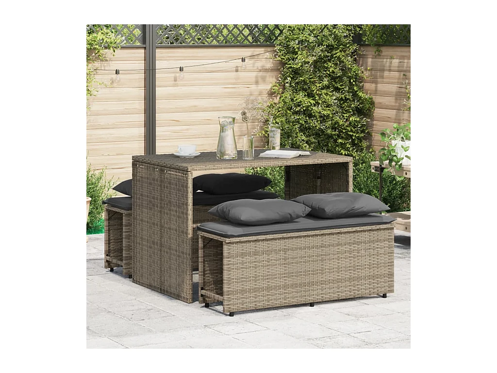 3-tlg. Garten-Essgruppe mit Kissen Grau Poly Rattan