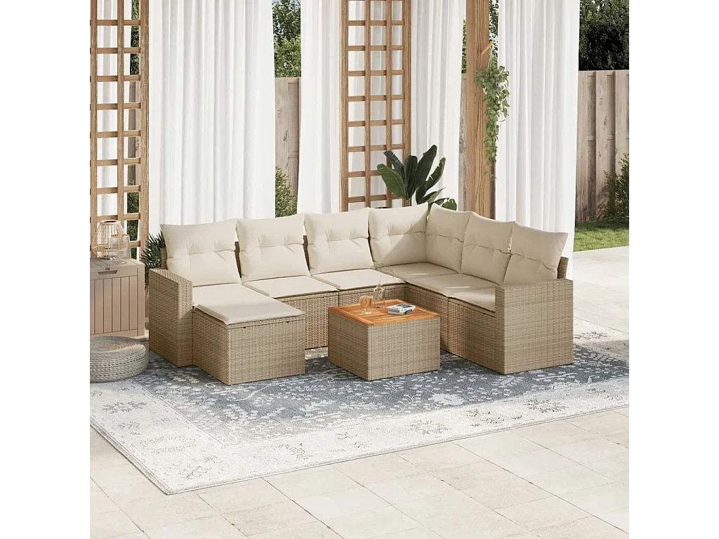 Salon de jardin avec coussins 8 pcs beige résine tressée