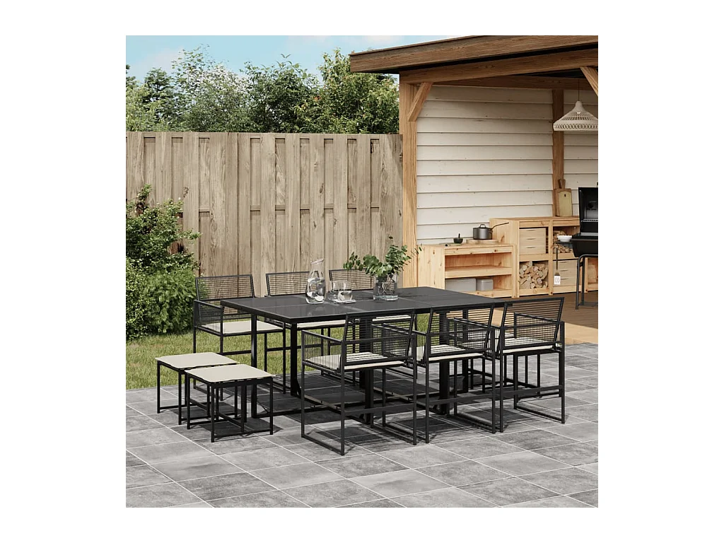 Set da Pranzo da Giardino 11 pz con Cuscini in Polyrattan Nero