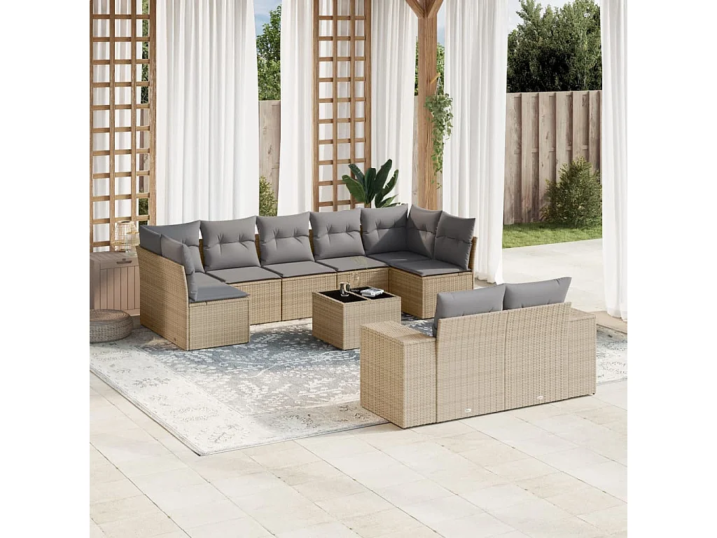Salon de jardin avec coussins 10 pcs beige résine tressée