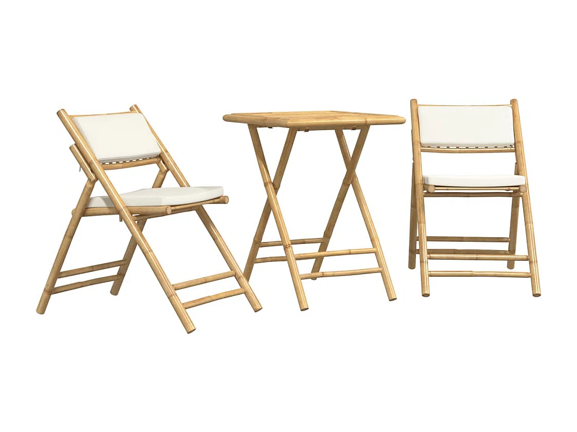 Ensemble de bistro pliante 3 pcs et coussins blanc crème bambou