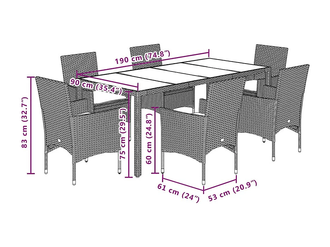 7-delige Tuinset met kussens poly rattan en glas grijs