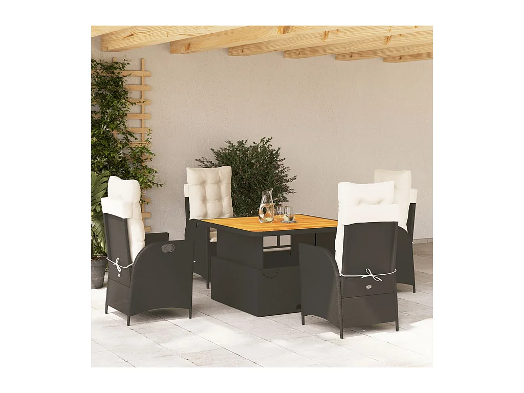 5-tlg. Garten-Essgruppe mit Kissen Schwarz Poly Rattan