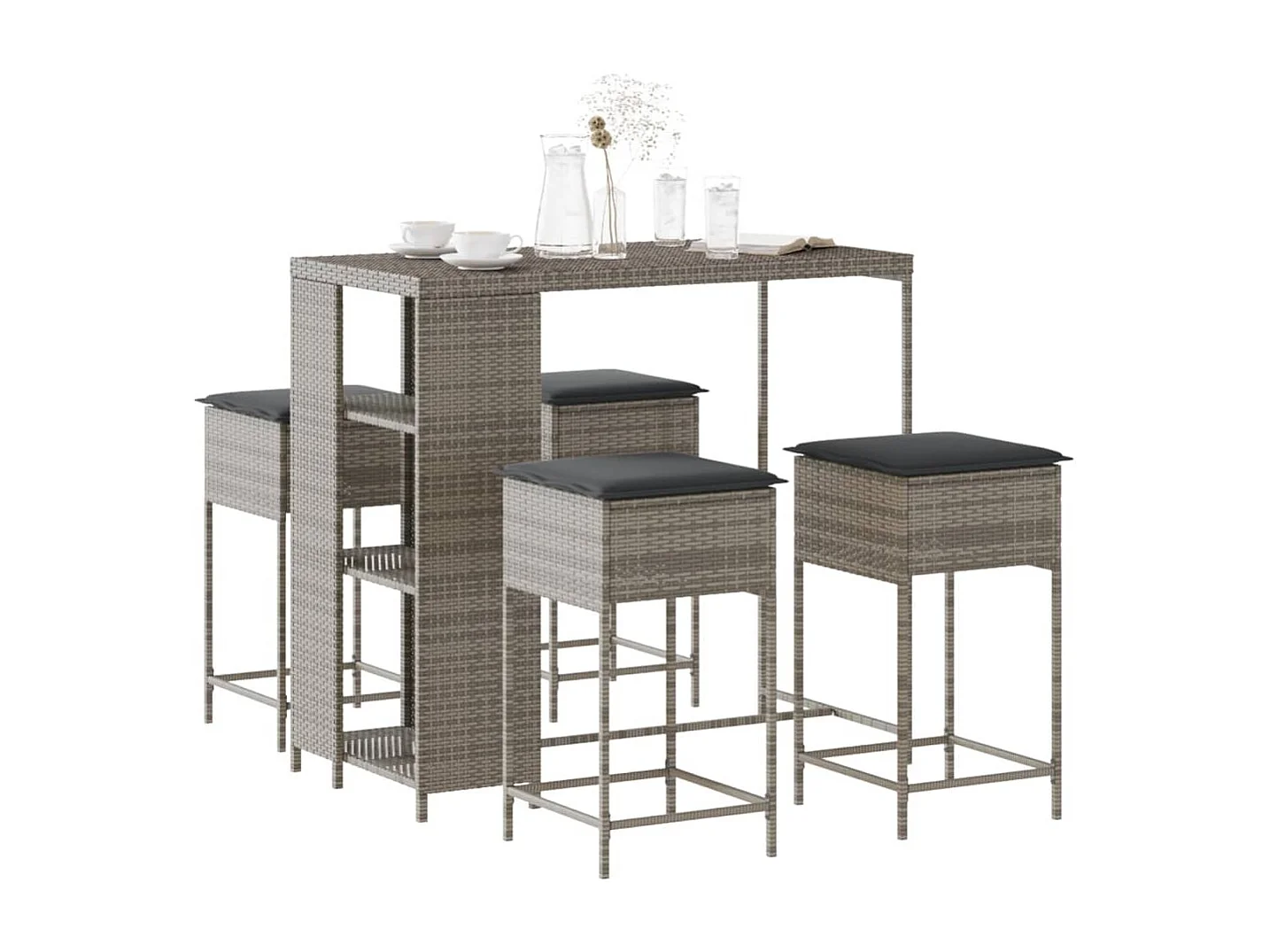 Set Bar da Giardino 5 pz con Cuscini in Polyrattan Grigio