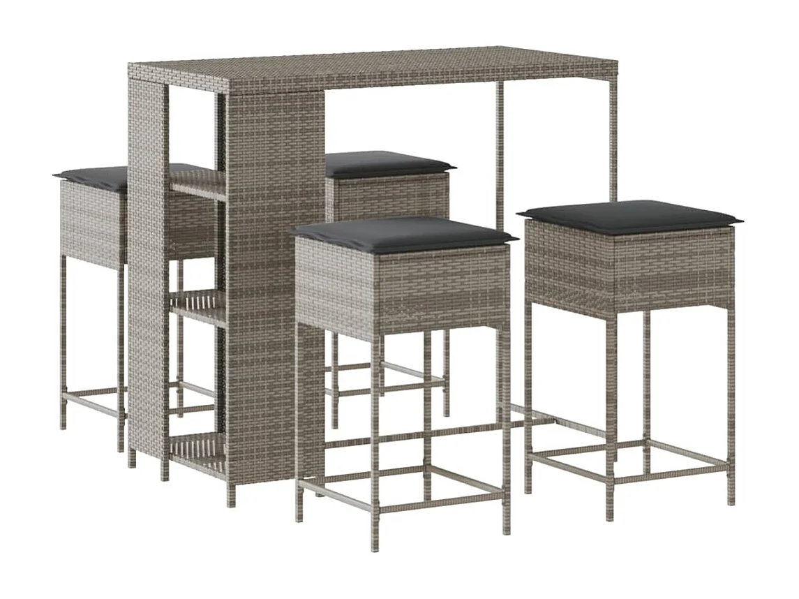 Set Bar da Giardino 5 pz con Cuscini in Polyrattan Grigio