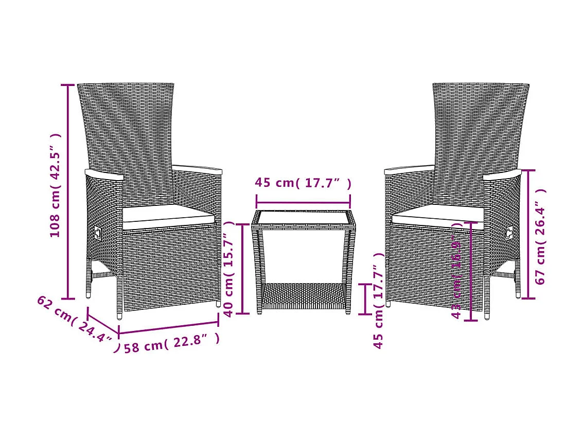 Set da Pranzo da Giardino 3 pz con Cuscini Nero in Polyrattan
