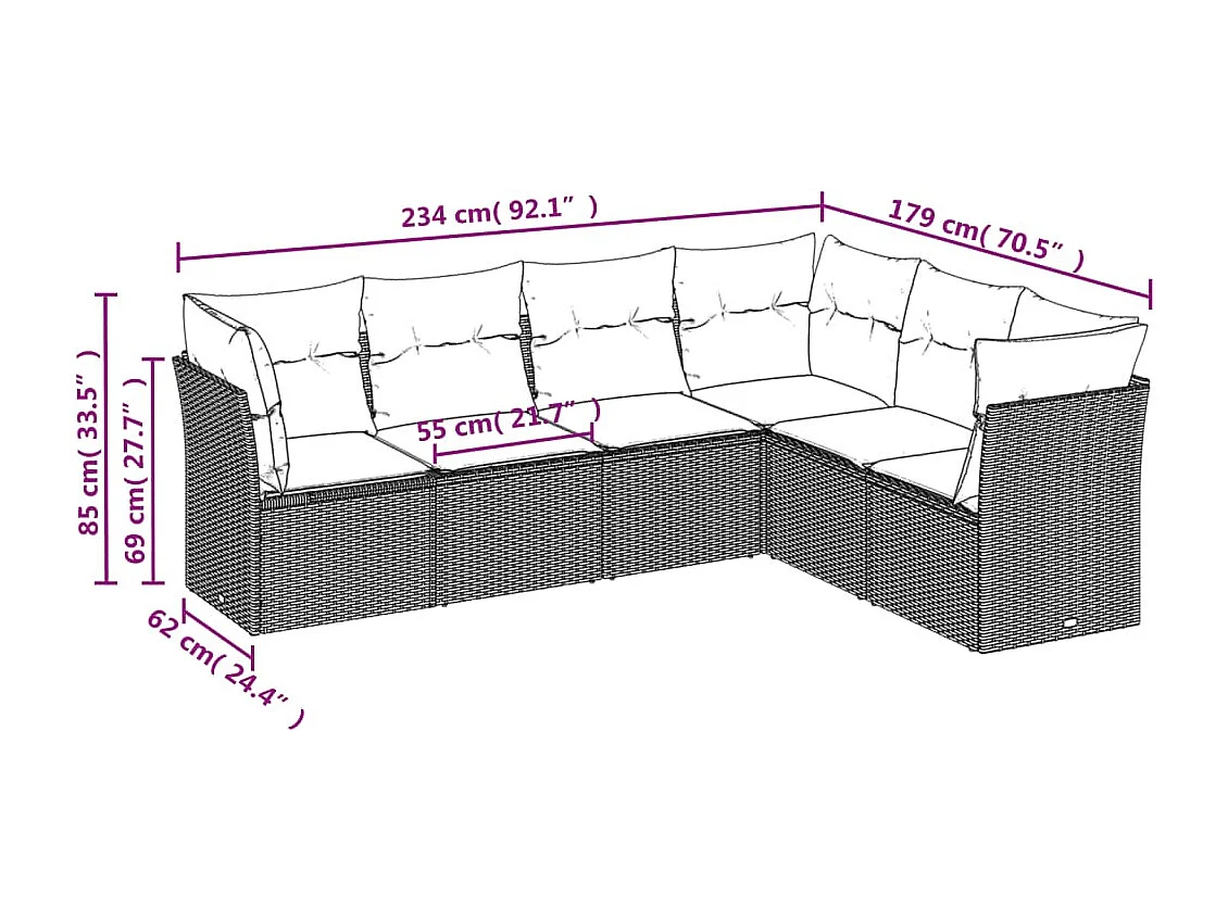 6 pcs conj. sofás jardim com almofadões vime PE cinzento-claro