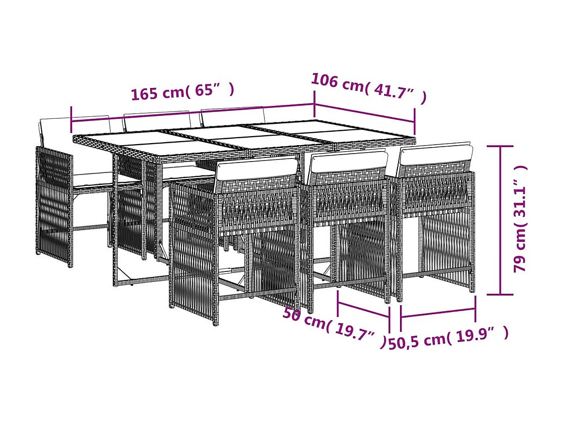Ensemble à manger de jardin et coussins 7 pcs gris rotin