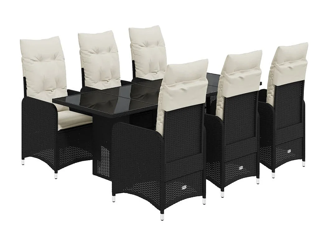 Set de mesa y sillas de jardín 7 pzas y cojines ratán PE negro