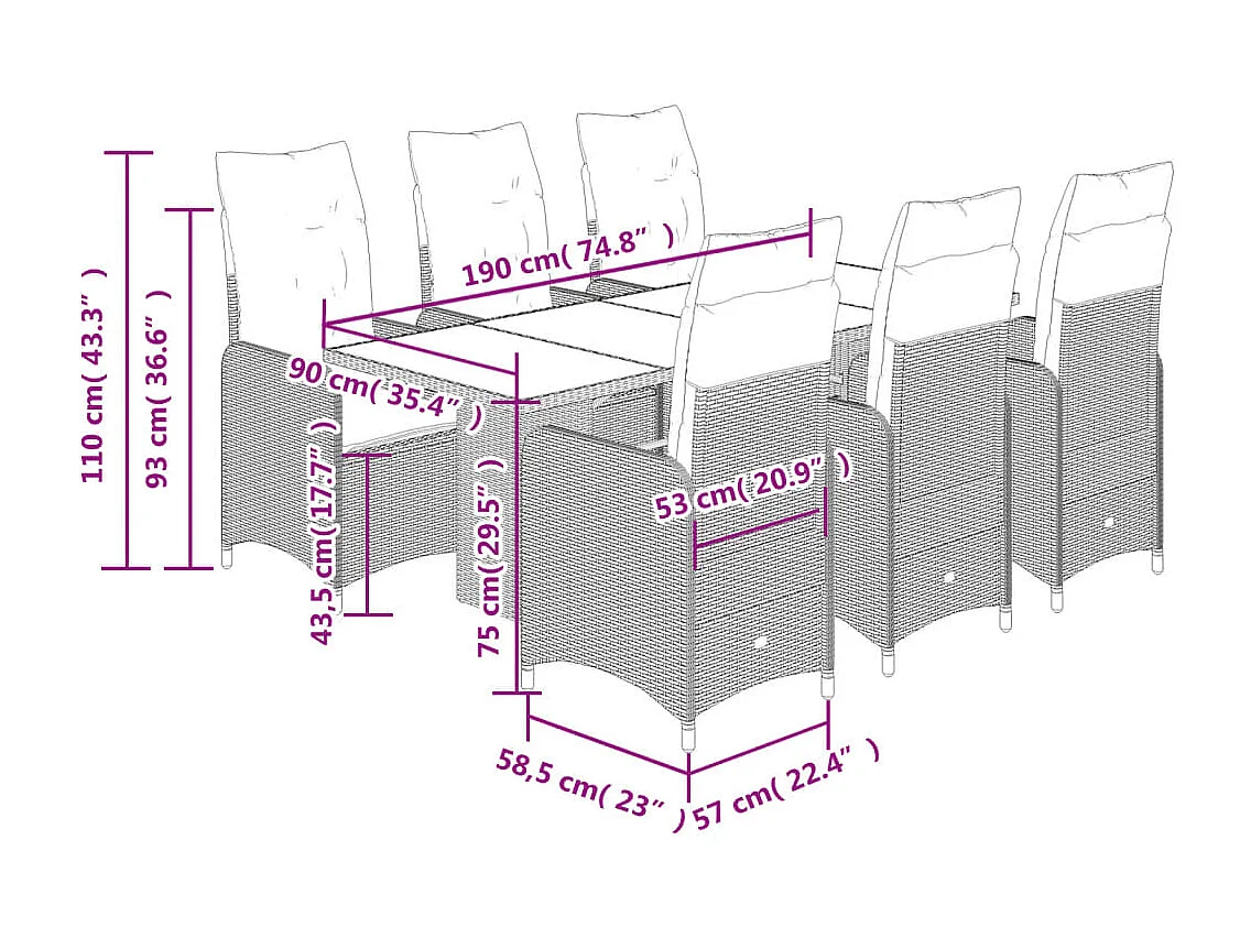 Set de mesa y sillas de jardín 7 pzas y cojines ratán PE negro