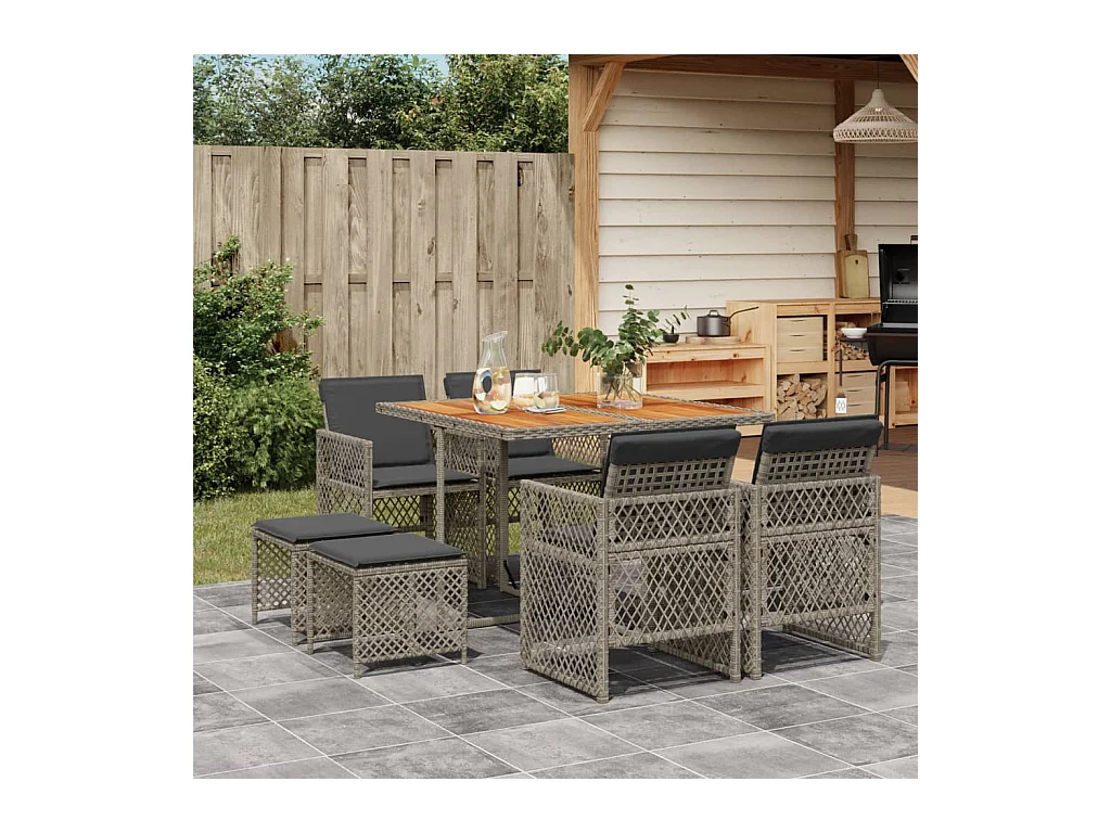 Ensemble à manger de jardin 9 pcs coussins gris résine tressée