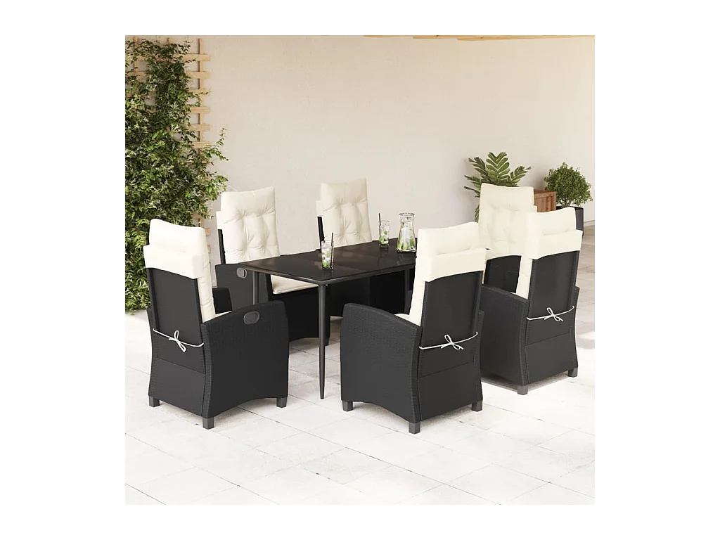 Set da Pranzo da Giardino 7 pz Nero con Cuscini in Polyrattan