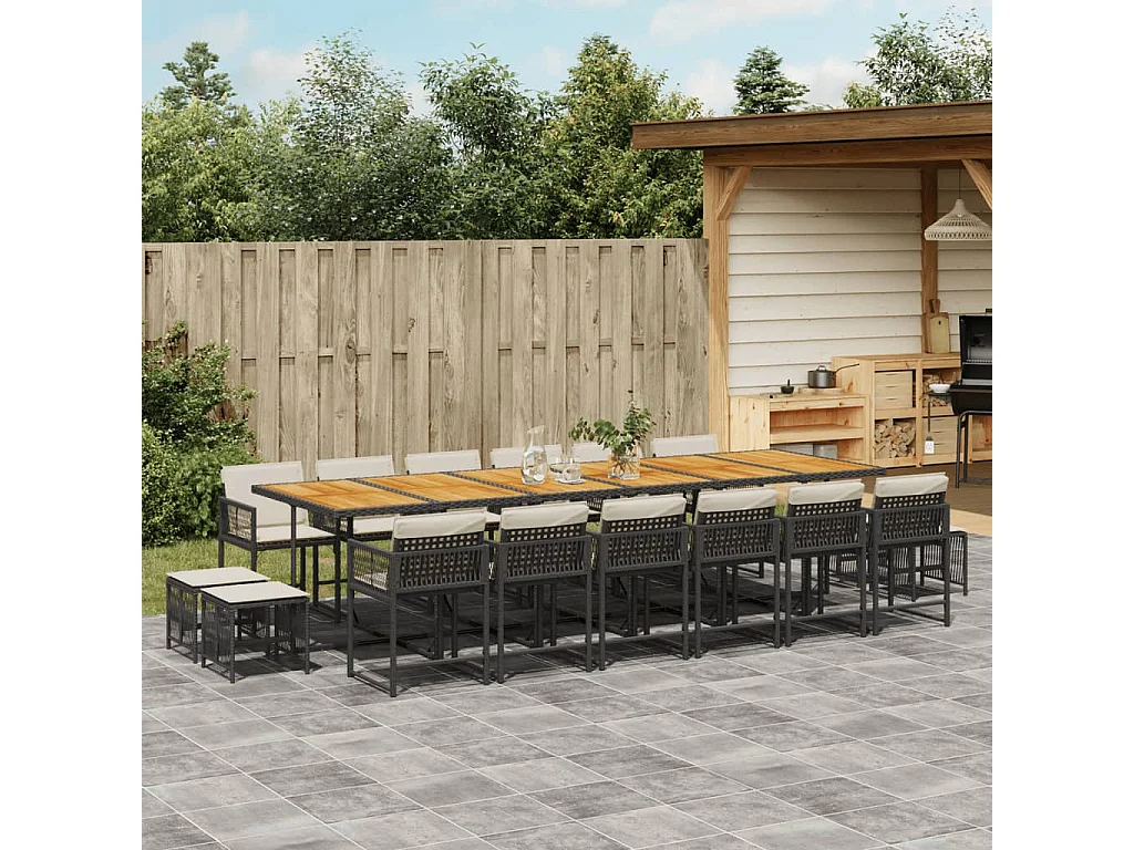 Set da Pranzo da Giardino 17 pz con Cuscini Nero in Polyrattan