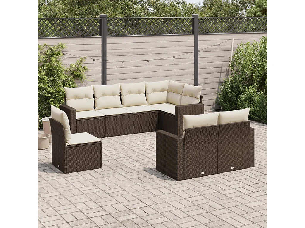 Set Divani da Giardino 8 pz con Cuscini Marrone in Polyrattan