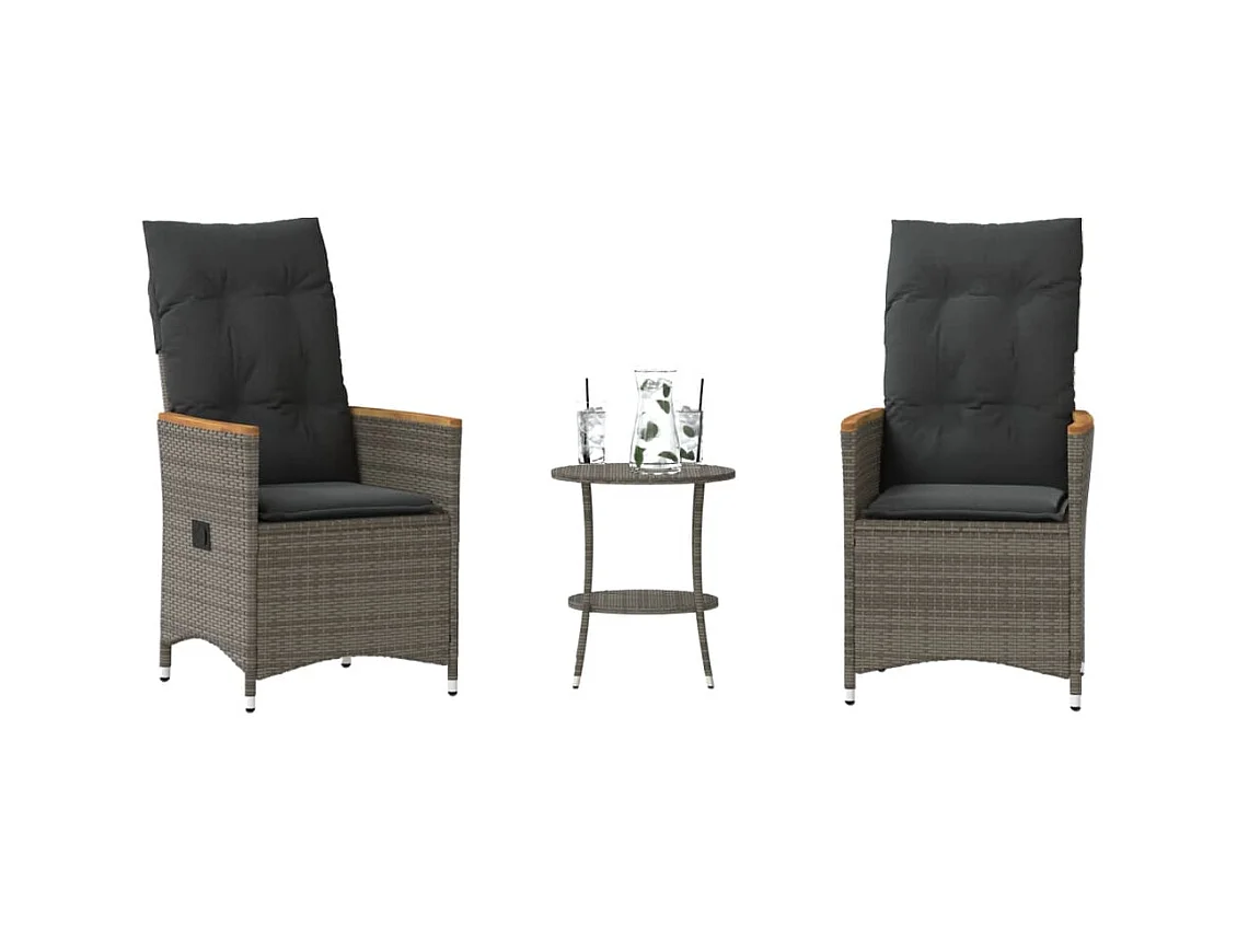 3-tlg. Bistro-Set mit Kissen Grau Poly Rattan