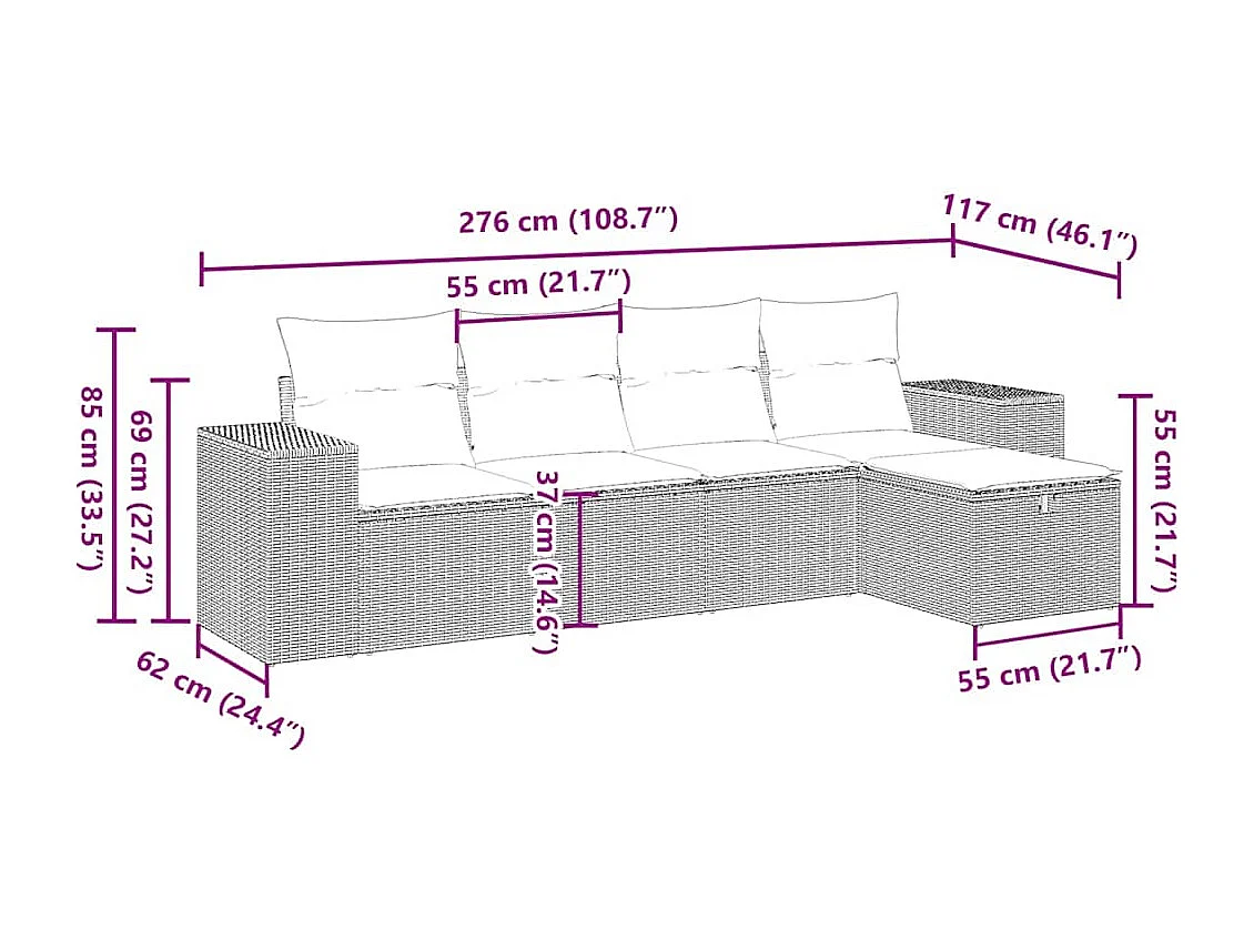 5-delige Loungeset met kussens poly rattan lichtgrijs