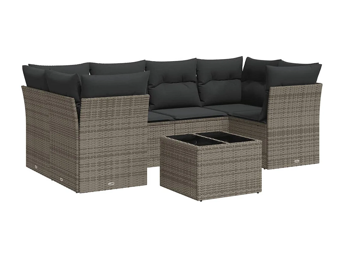 Salon de jardin avec coussins 7 pcs gris résine tressée