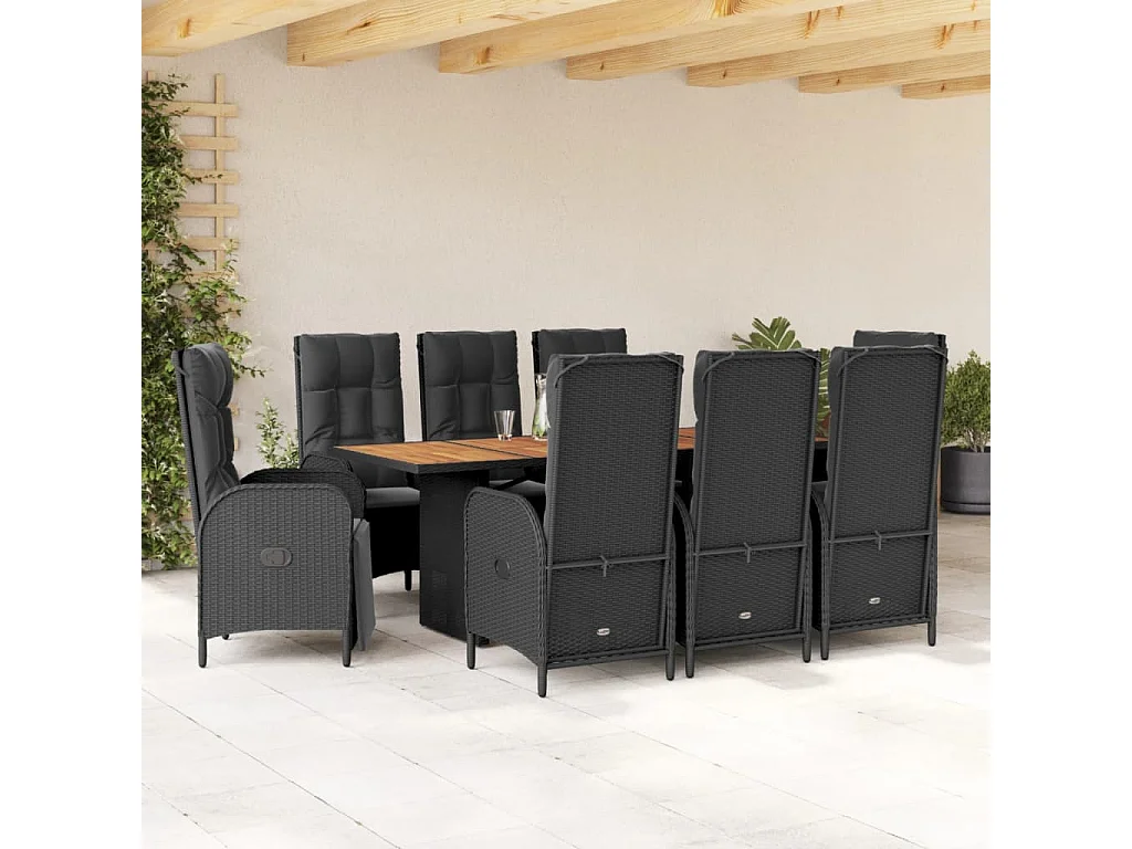 Set de comedor de jardín 9 pzas y cojines ratán sintético negro