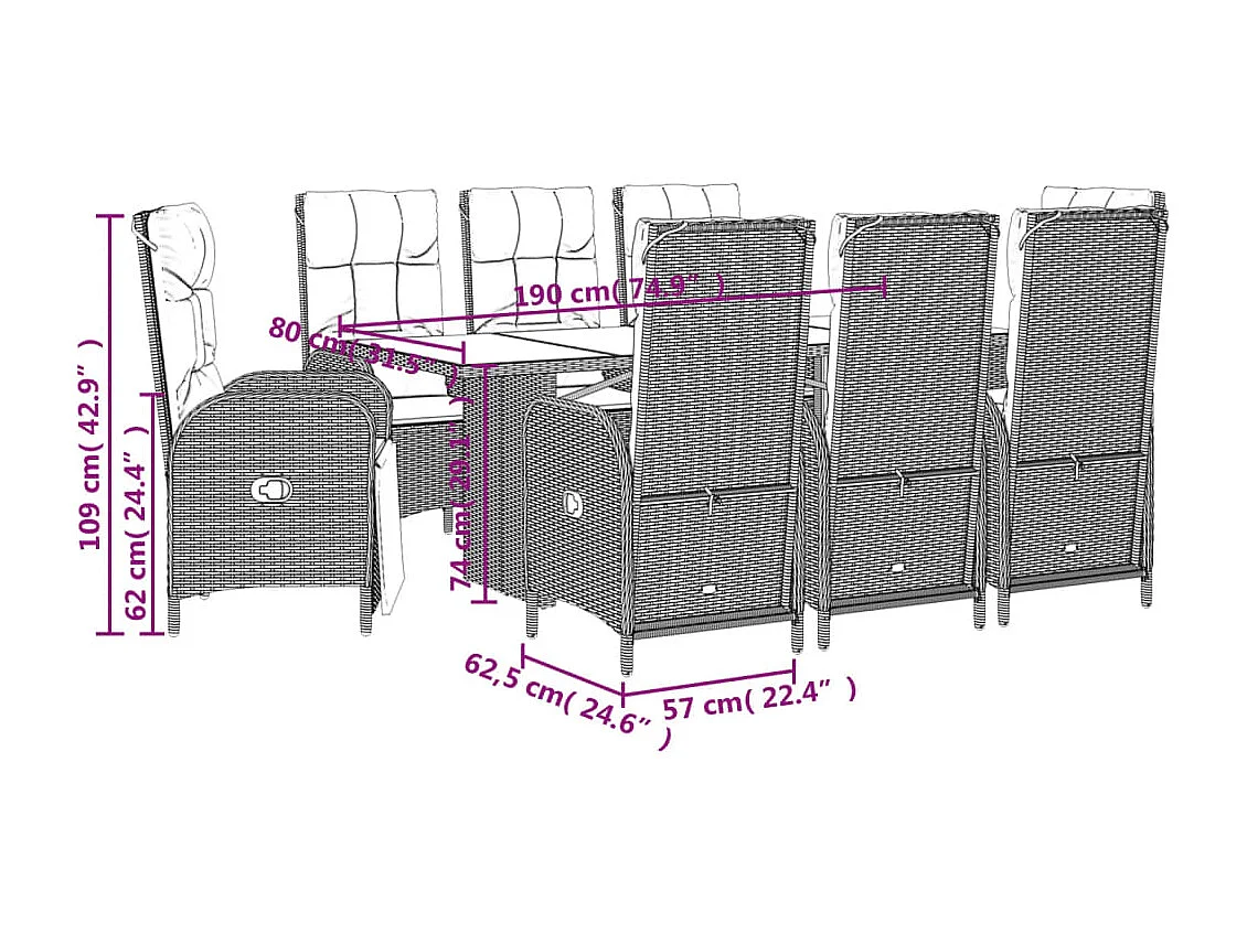 Set da Pranzo da Giardino 9 pz con Cuscini Nero in Polyrattan