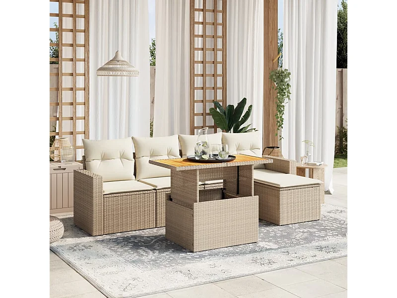 6-delige Loungeset met kussens poly rattan beige