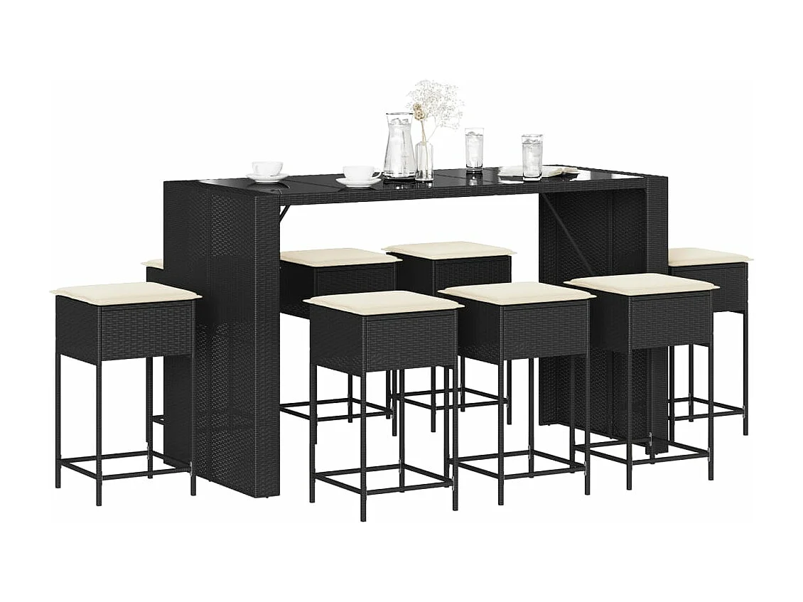 9 pcs conjunto de bar para jardim c/ almofadões vime PE preto