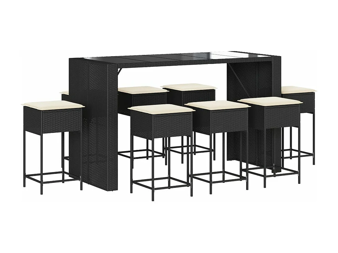 9 pcs conjunto de bar para jardim c/ almofadões vime PE preto