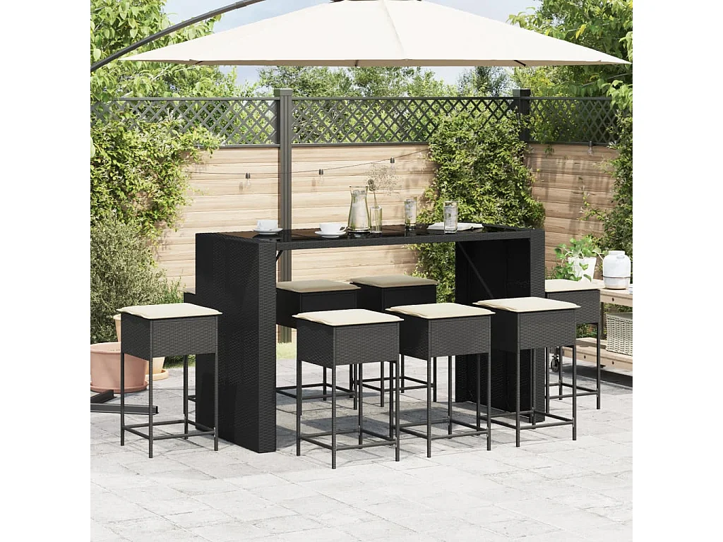 9 pcs conjunto de bar para jardim c/ almofadões vime PE preto