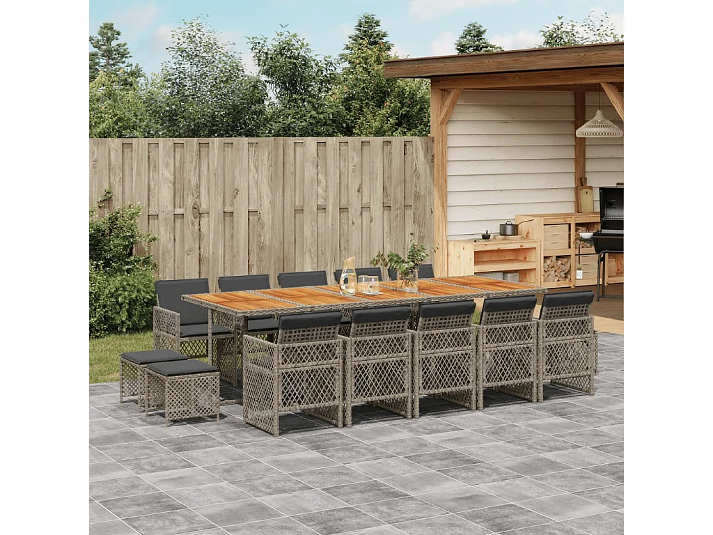 Set da Pranzo da Giardino 15 pz con Cuscini Grigio Polyrattan