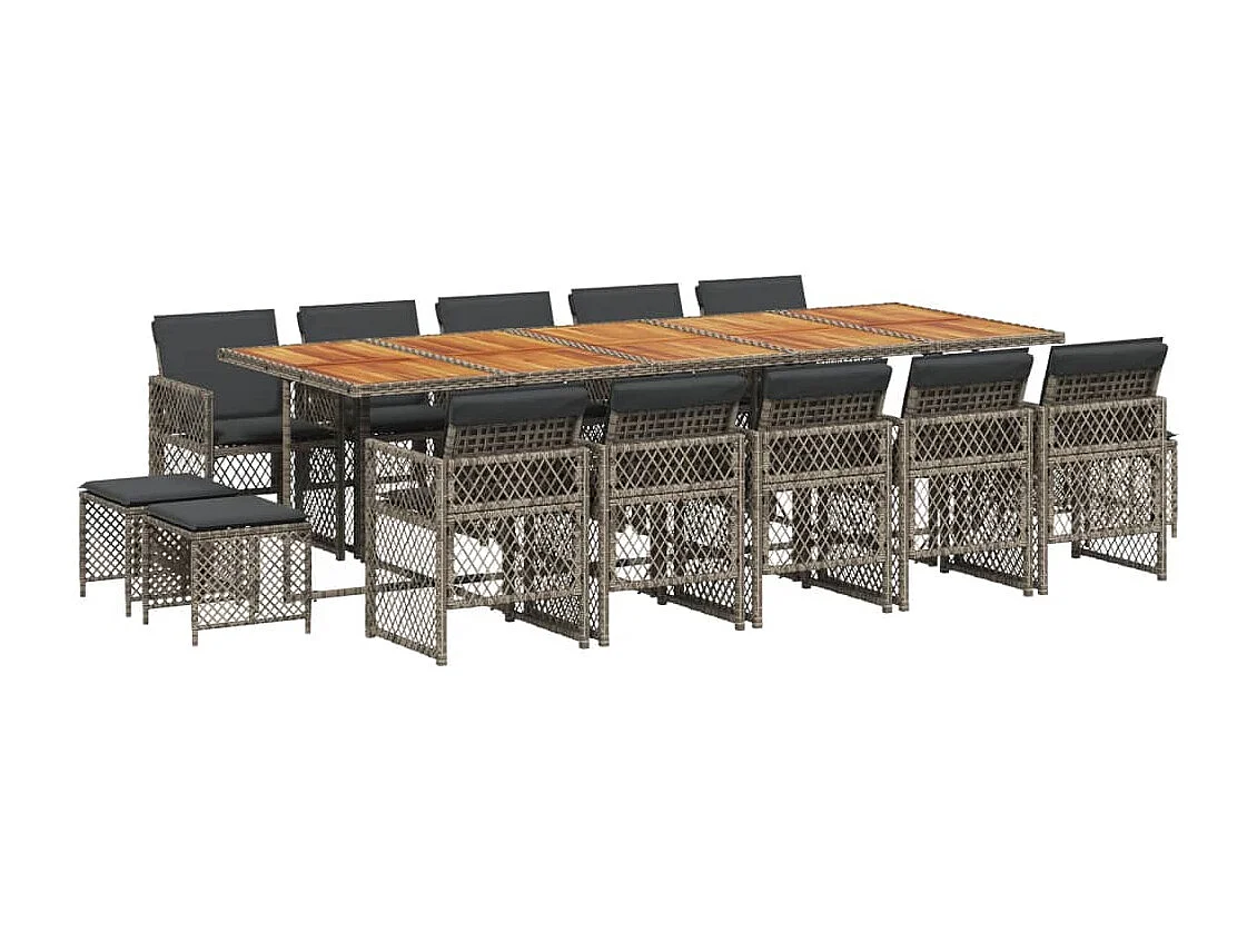 Set da Pranzo da Giardino 15 pz con Cuscini Grigio Polyrattan