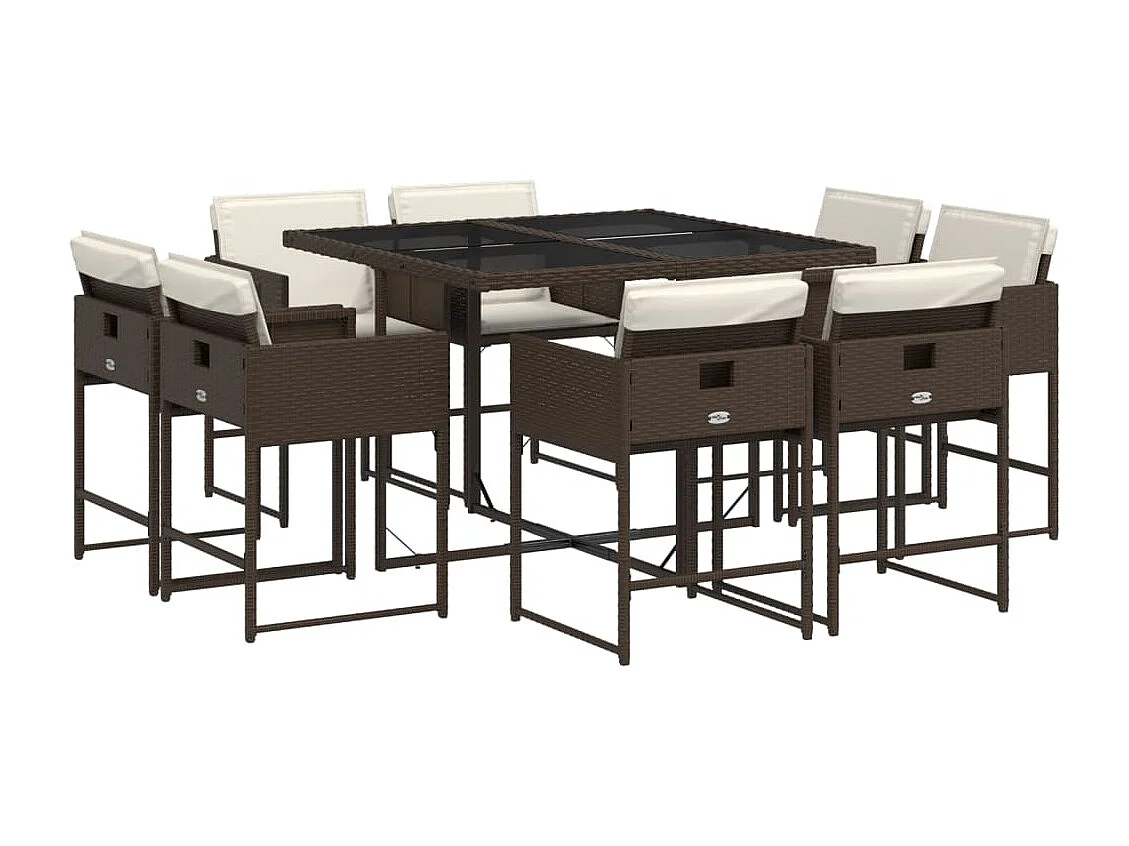 Ensemble à manger de jardin et coussins 9 pcs marron poly rotin