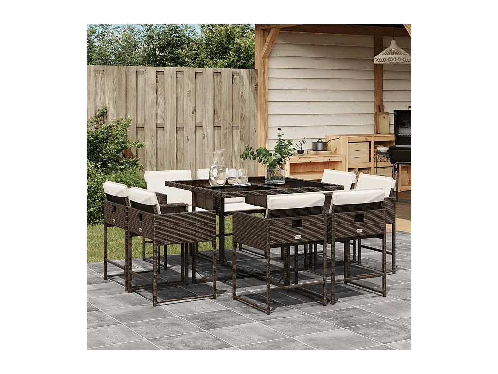 Set da Pranzo da Giardino 9pz con Cuscini Marrone in Polyrattan