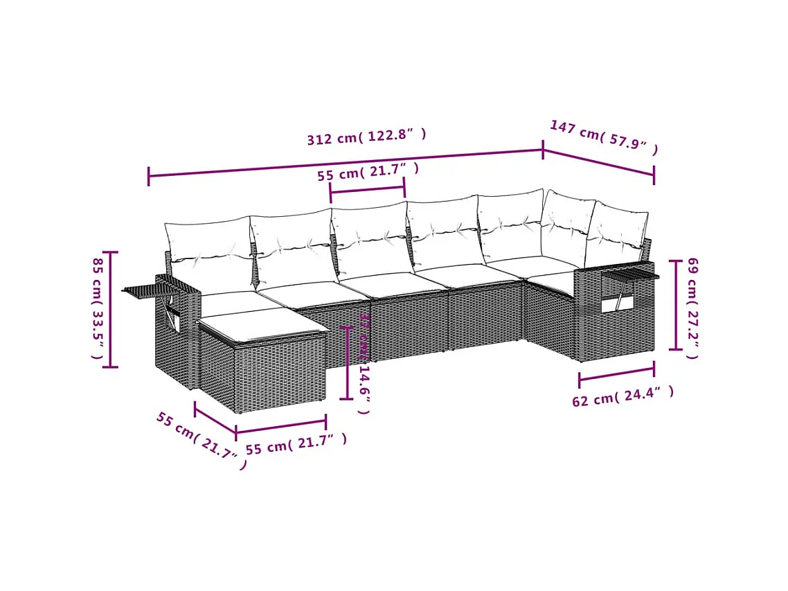 7-tlg. Garten-Sofagarnitur mit Kissen Braun Poly Rattan