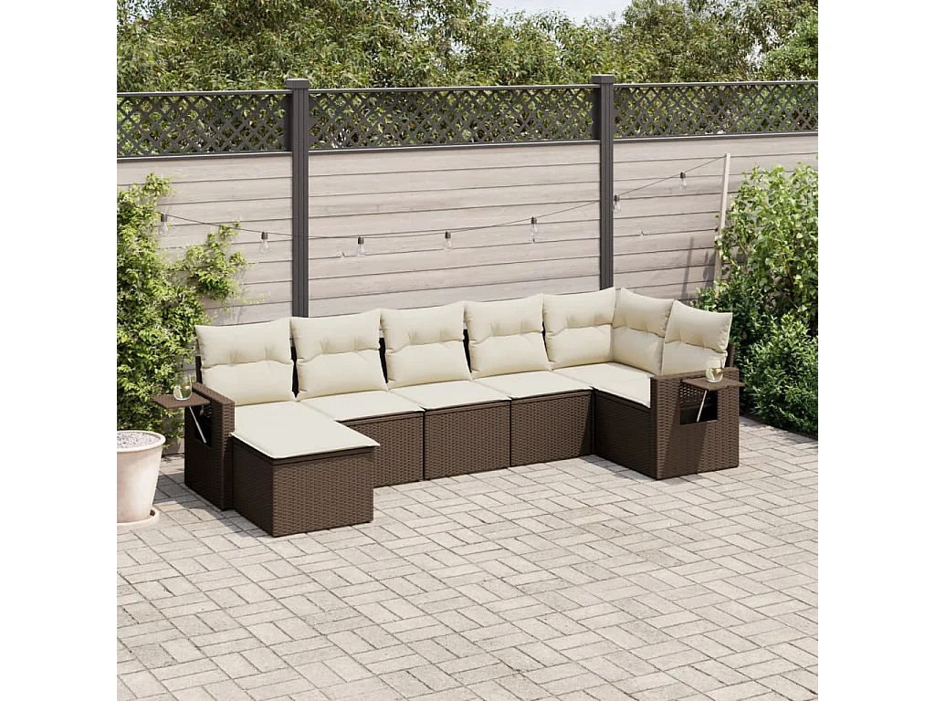 Salon de jardin avec coussins 7 pcs marron résine tressée