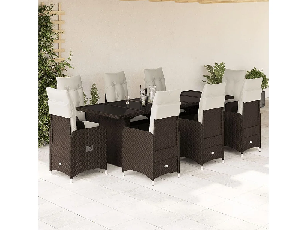 Set Bistrò da Giardino 9 pz con Cuscini in Polyrattan Marrone