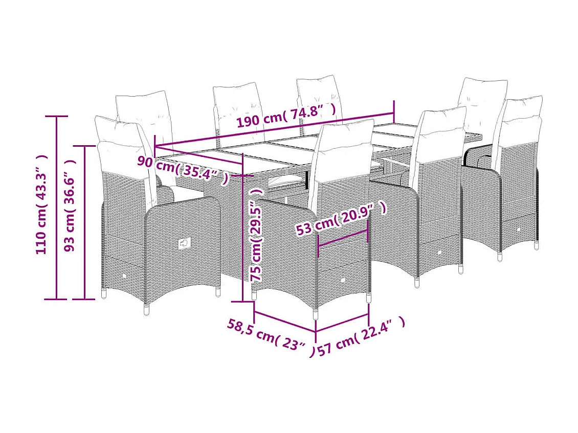 Set Bistrò da Giardino 9 pz con Cuscini in Polyrattan Marrone