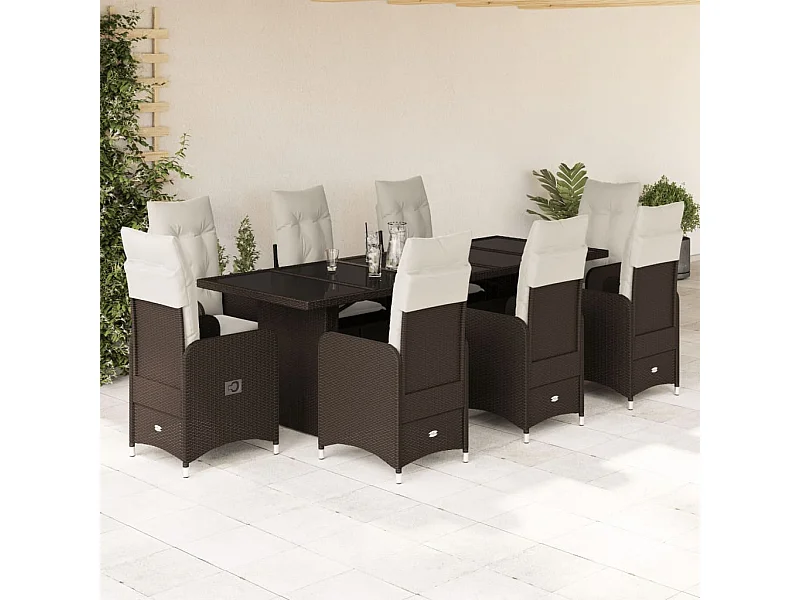 Set de mesa y sillas jardín 9 piezas y cojines ratán PE marrón