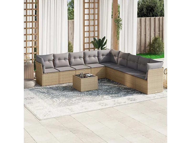 Salon de jardin avec coussins 10 pcs beige résine tressée