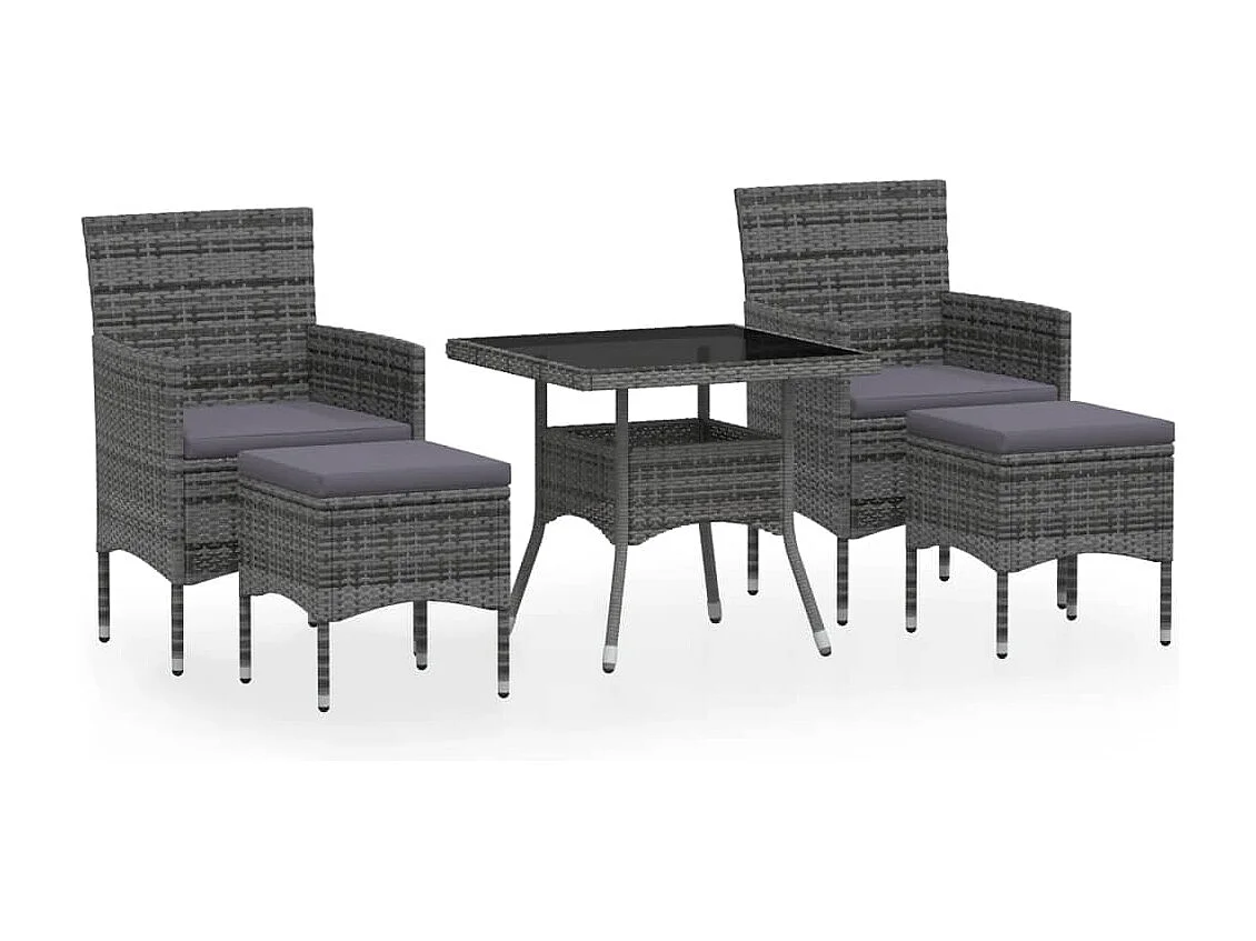 5 pcs conjunto jantar p/ jardim vime PE e vidro temperado cinza