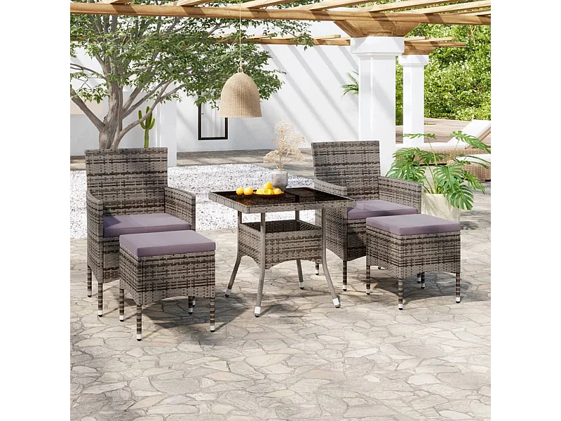 Set Pranzo da Giardino 5 pz Polyrattan e Vetro Temperato Grigio