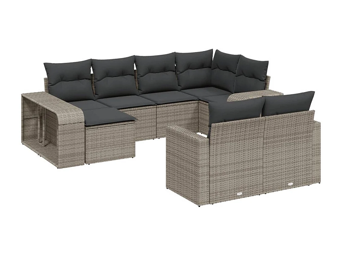 10-delige Loungeset met kussens poly rattan grijs