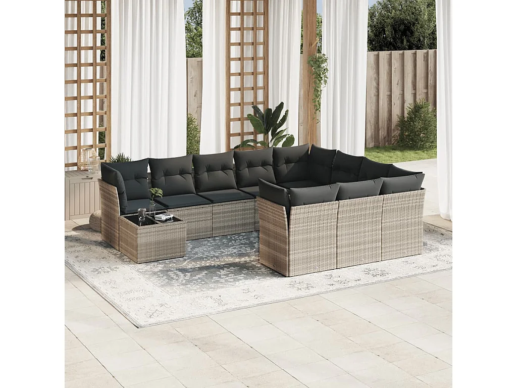 11-tlg. Garten-Sofagarnitur mit Kissen Hellgrau Poly Rattan