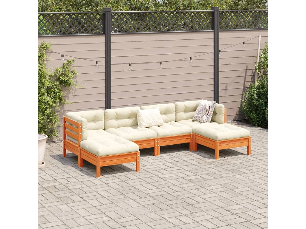 Salon de jardin 6 pcs avec coussins cire marron bois pin massif