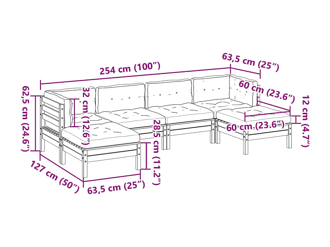 Salon de jardin 6 pcs avec coussins cire marron bois pin massif