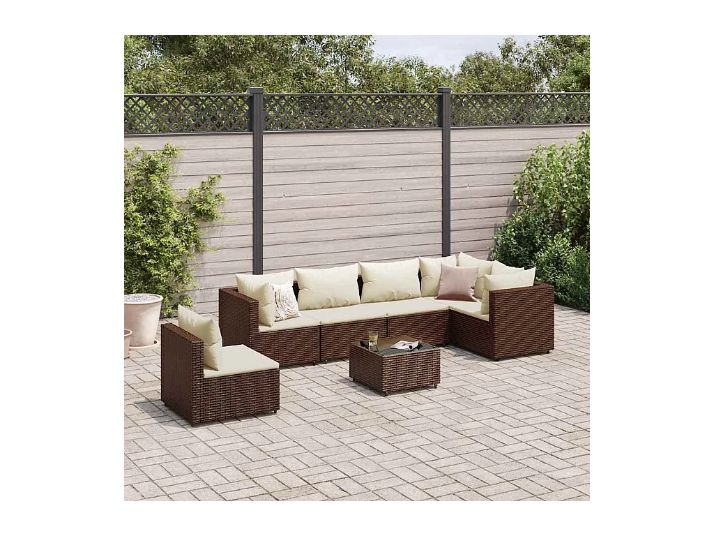 Set Divani da Giardino 7 pz con Cuscini in Polyrattan Marrone