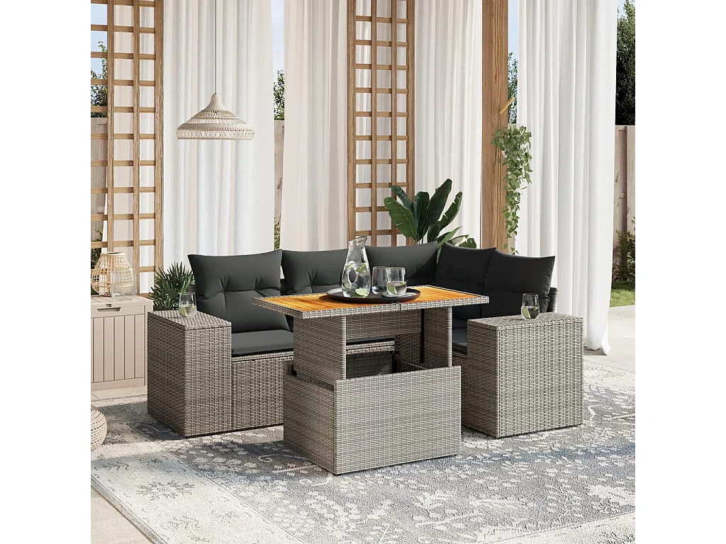 5 pcs conjunto sofás de jardim c/ almofadões vime PE cinzento