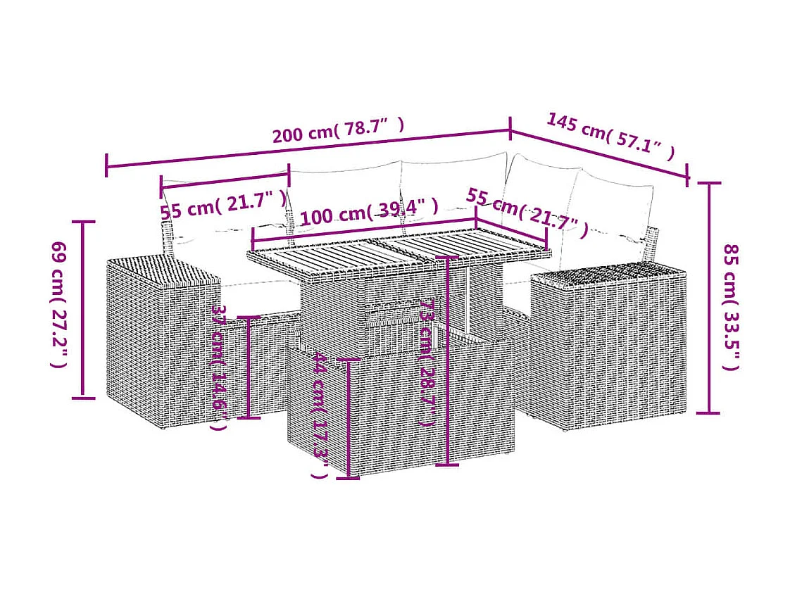 5 pcs conjunto sofás de jardim c/ almofadões vime PE cinzento