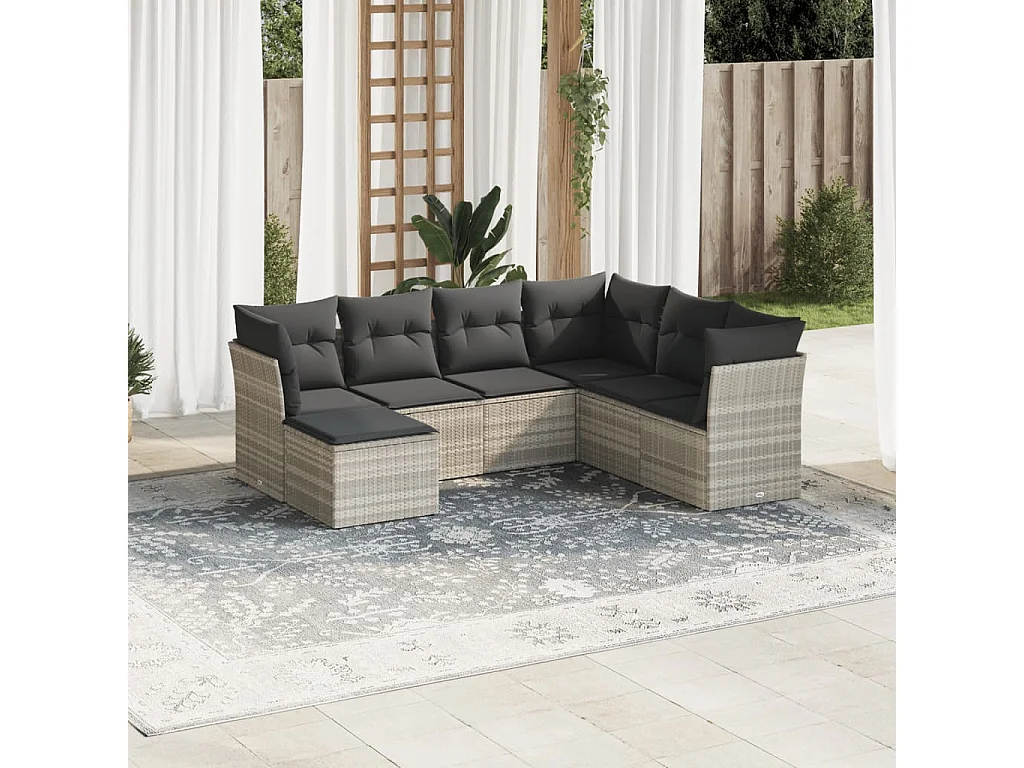 Salon de jardin avec coussins 7 pcs gris clair résine tressée