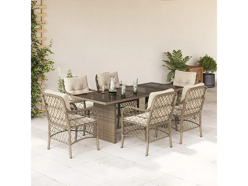 Ensemble à manger de jardin et coussins 7 pcs beige poly rotin